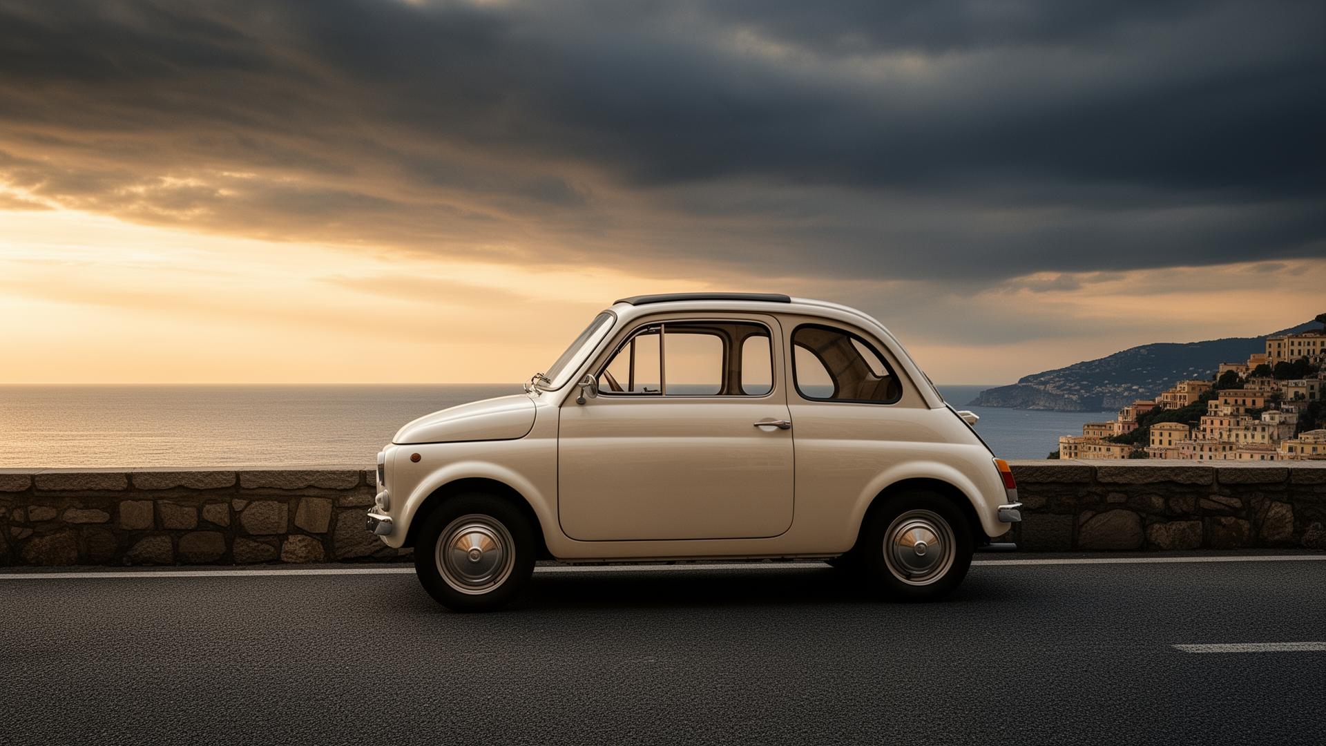 Classic Fiat 500 parked at a coastal European viewpoint at golden hour